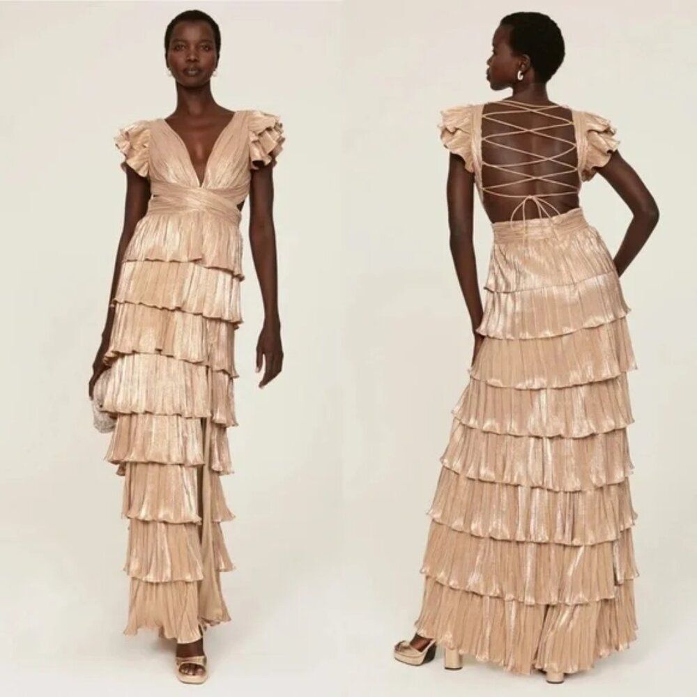 Mac Duggal Size 16 Gold Ruffle Tiered Corset Back‎ Lace Up Gown Long Maxi Dress - Picture 2 of 3
